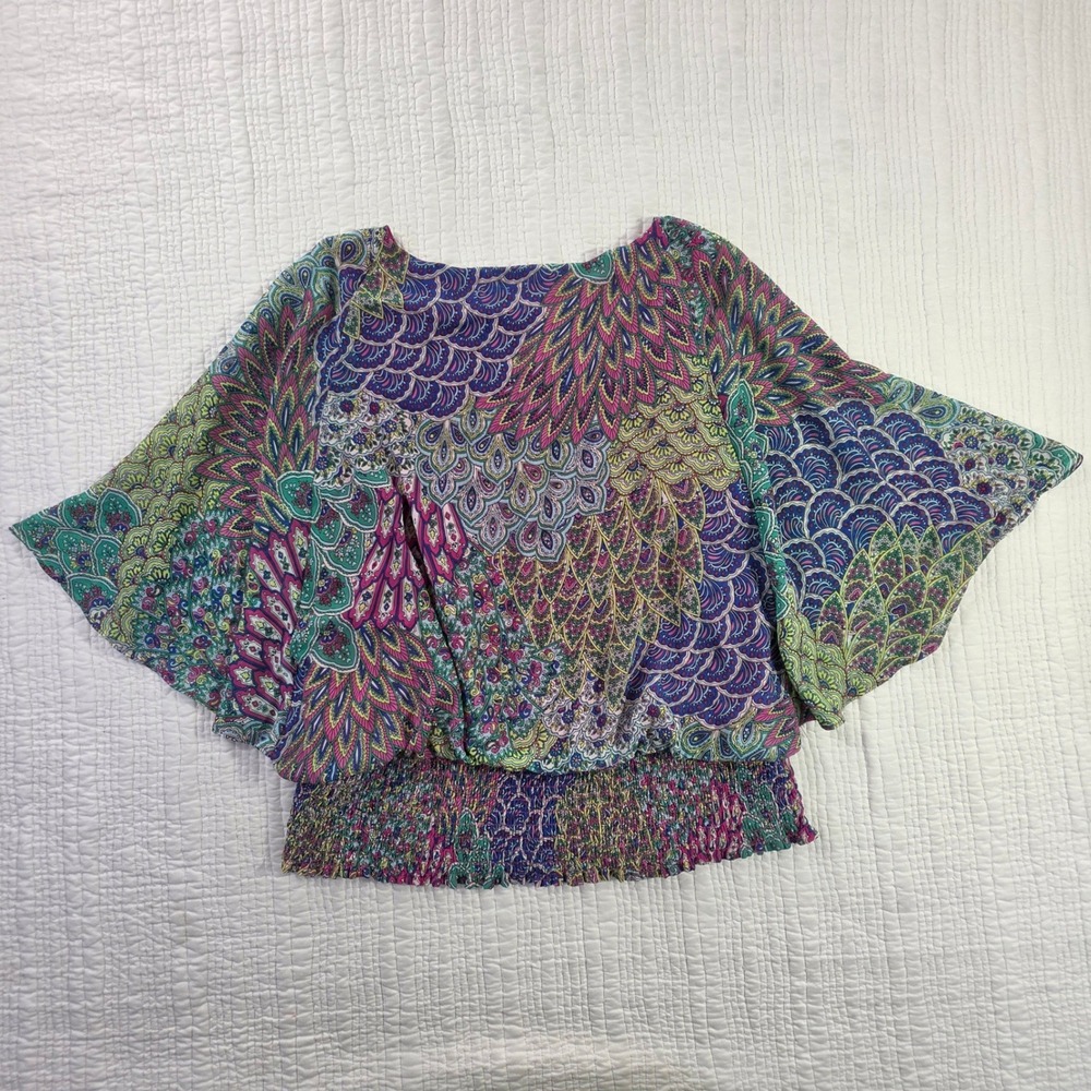 Chaus Womens Peacock Paisley Smocked Hem Flutter Sleeve Blouse Pink Purple XL - Picture 2 of 13